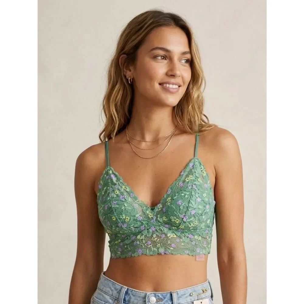 Victoria's Secret PINK Green Floral Lace Bralette - Size L. Like New